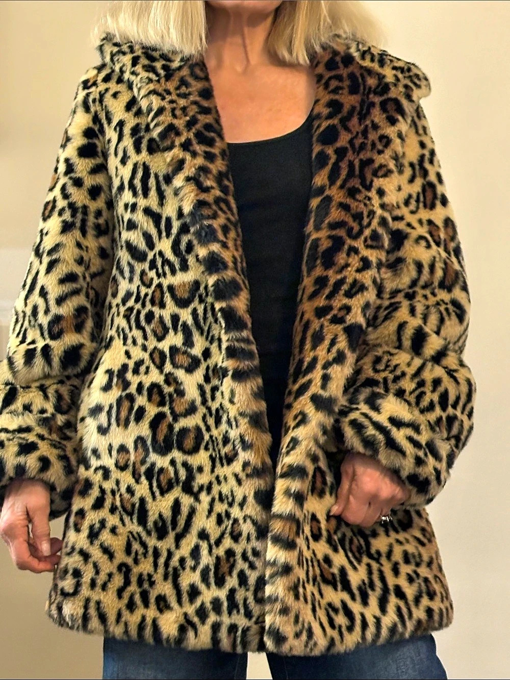 Pamela McCoy Tiger Mist Pile Coat Leopard Hooded Coat Brown Black Like New